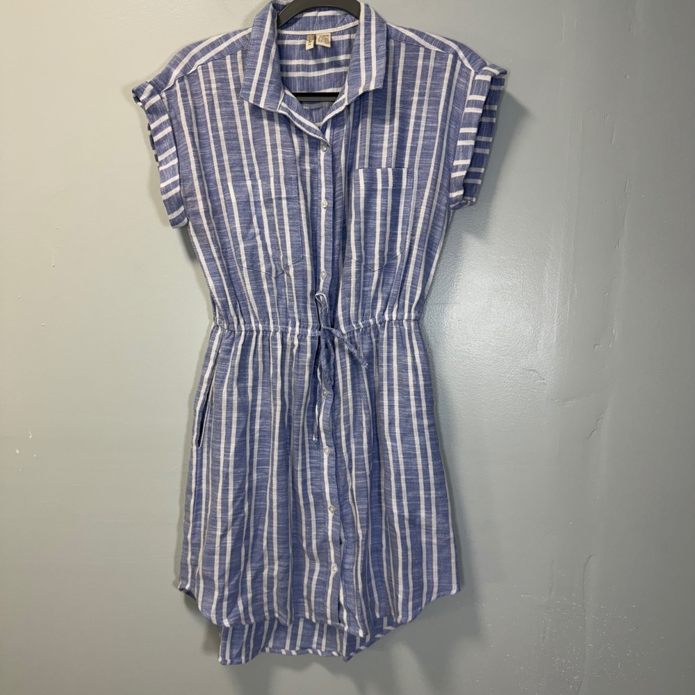 Japna Blue White Striped Button Front Shirt Dress Lightweight Medium